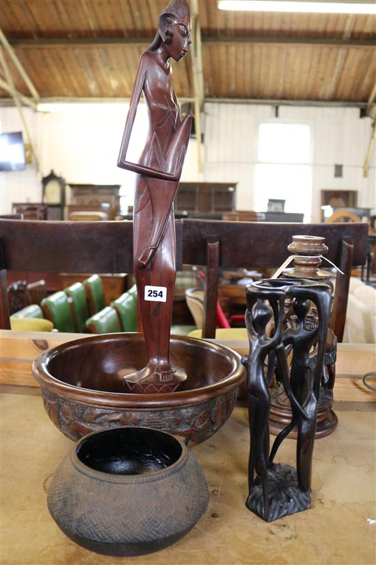 Japanese geometric-cast iron bowl, signed, African carved hardwood bowl, figural lamp base & two other hardwood carvings (5)